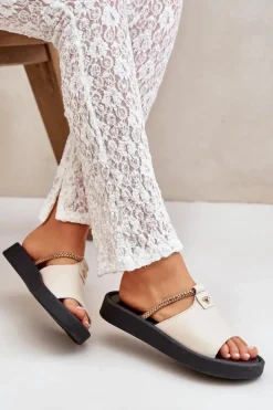 Zazoo 2896 Klapki Damskie Skórzane Beżowe