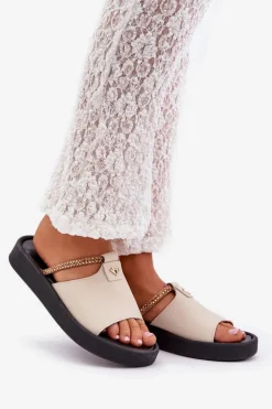 Zazoo 2896 Klapki Damskie Skórzane Beżowe