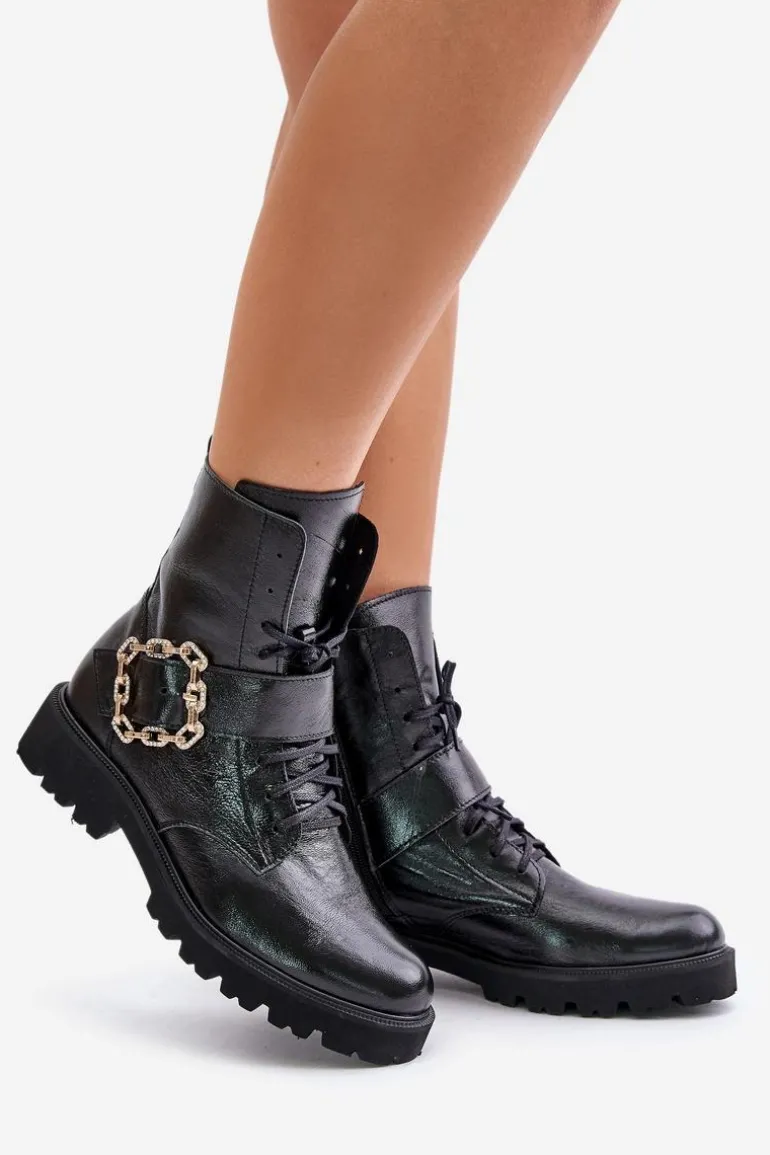 Zazoo 2951 Lakierowane Botki Z Ozdobną Klamrą Czarne