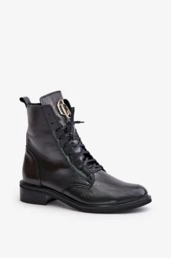 Zazoo 2955 Lakierowane Botki Workery Ze Złotym Detalem Na Języku Czarne