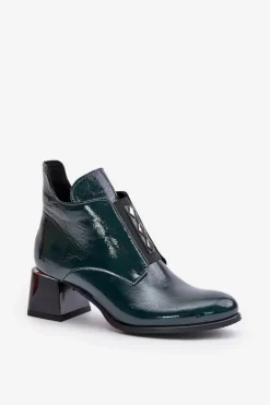 Zazoo 60504 Lakierowane Botki Na Klocku Ocieplane Ciemnozielone
