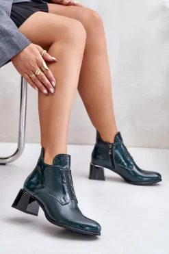 Zazoo 60504 Lakierowane Botki Na Klocku Ocieplane Ciemnozielone