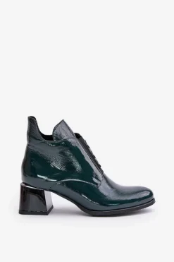 Zazoo 60504 Lakierowane Botki Na Klocku Ocieplane Ciemnozielone