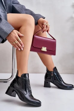 Zazoo 60504 Lakierowane Botki Na Klocku Ocieplane Czarne