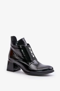 Zazoo 60504 Lakierowane Botki Na Klocku Ocieplane Czarne