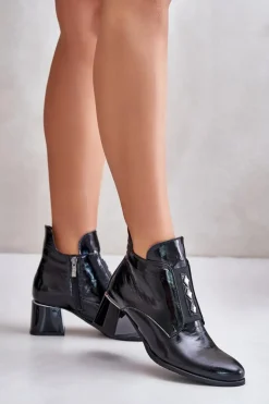 Zazoo 60504 Lakierowane Botki Na Klocku Ocieplane Czarne