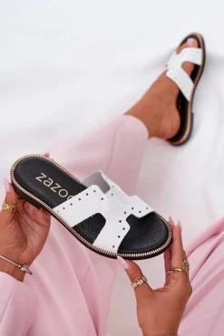 Zazoo 40326 Lakierowane Damskie Klapki Z Ozdobnymi Wycięciami Białe