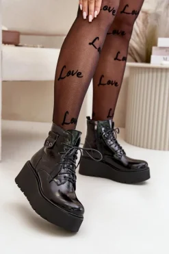 Zazoo 60499 Lakierowane Damskie Botki Na Platformie I Koturnie Ocieplane Skóra Naturalna Ciemnozielone