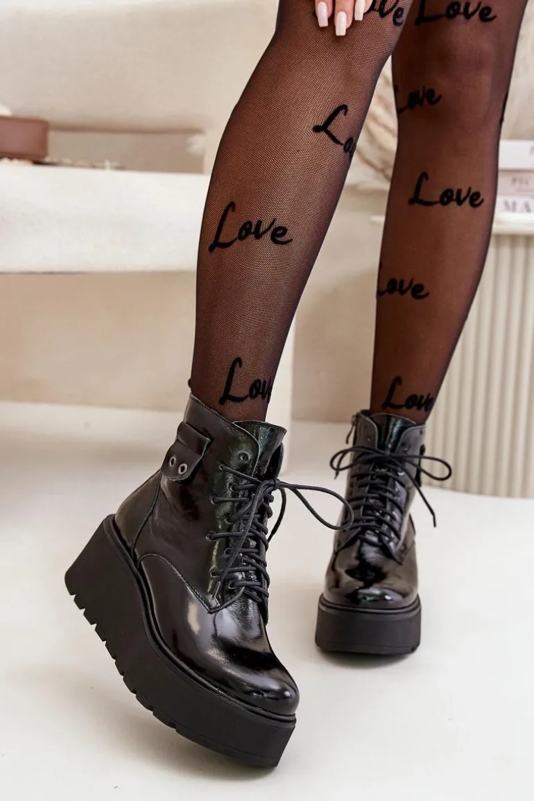 Zazoo 60499 Lakierowane Damskie Botki Na Platformie I Koturnie Ocieplane Skóra Naturalna Ciemnozielone