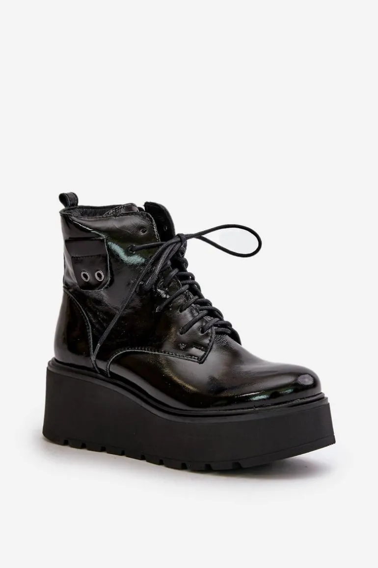 Zazoo 60499 Lakierowane Damskie Botki Na Platformie I Koturnie Ocieplane Skóra Naturalna Ciemnozielone