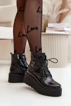 Zazoo 60499 Lakierowane Damskie Botki Na Platformie I Koturnie Ocieplane Skóra Naturalna Ciemnozielone