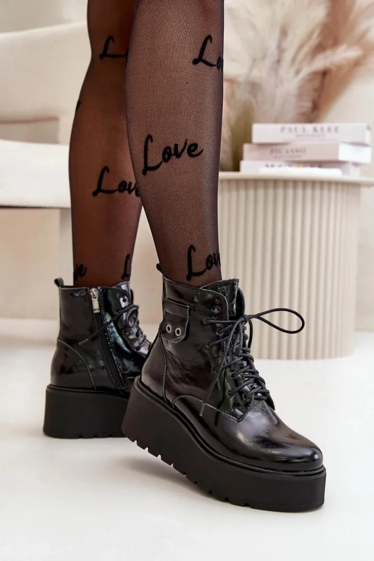 Zazoo 60499 Lakierowane Damskie Botki Na Platformie I Koturnie Ocieplane Skóra Naturalna Ciemnozielone