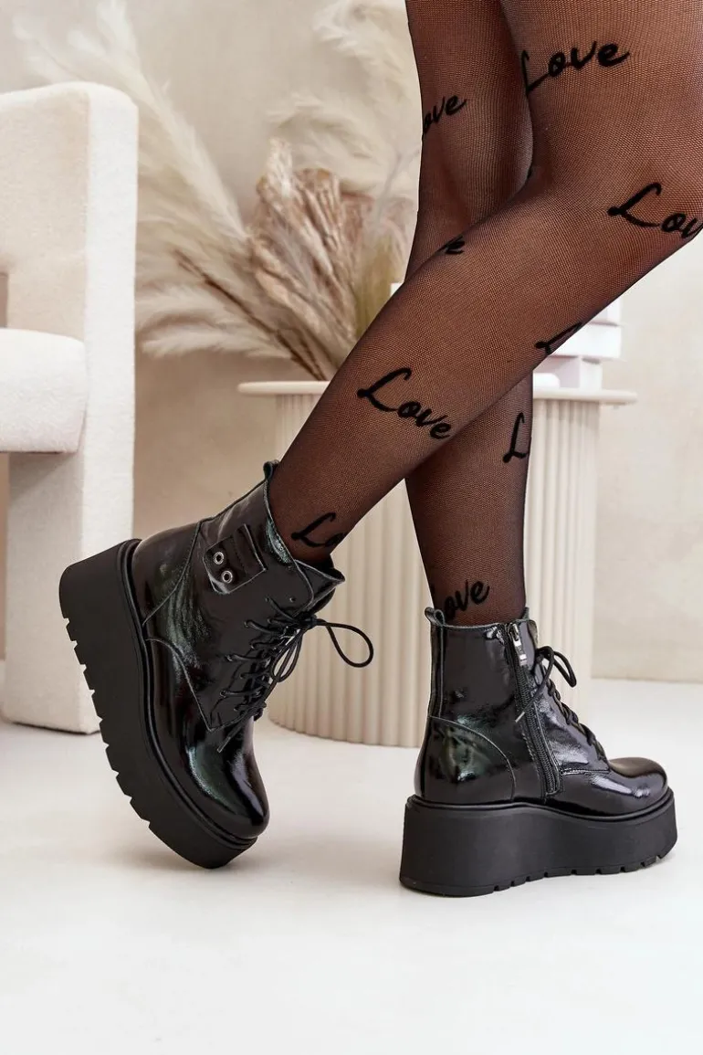 Zazoo 60499 Lakierowane Damskie Botki Na Platformie I Koturnie Ocieplane Skóra Naturalna Ciemnozielone