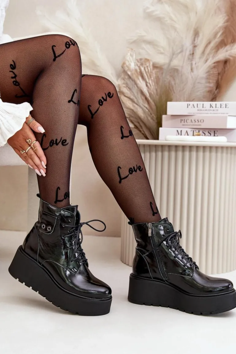 Zazoo 60499 Lakierowane Damskie Botki Na Platformie I Koturnie Ocieplane Skóra Naturalna Ciemnozielone