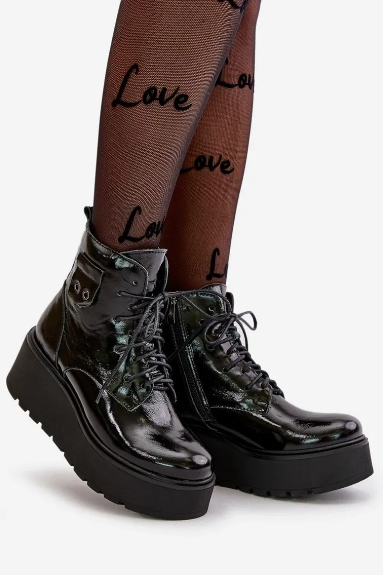 Zazoo 60499 Lakierowane Damskie Botki Na Platformie I Koturnie Ocieplane Skóra Naturalna Ciemnozielone