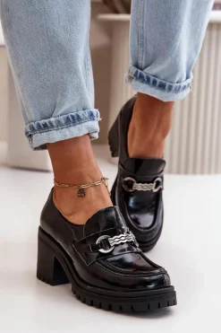 Zazoo 20175 Lakierowane Półbuty Damskie Na Słupku Skóra Naturalna Czarne