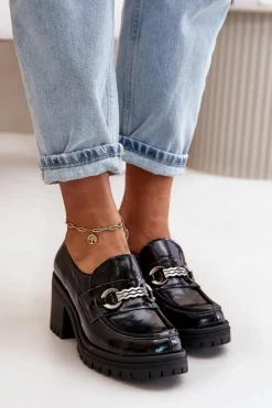 Zazoo 20175 Lakierowane Półbuty Damskie Na Słupku Skóra Naturalna Czarne