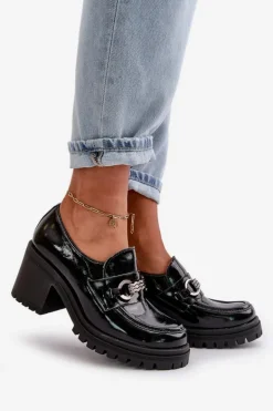 Zazoo 20175 Lakierowane Półbuty Damskie Na Słupku Skóra Naturalna Czarne