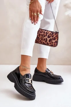 Zazoo 20176 Lakierowane Półbuty Mokasyny Damskie Ze Skóry Naturalnej Czarne