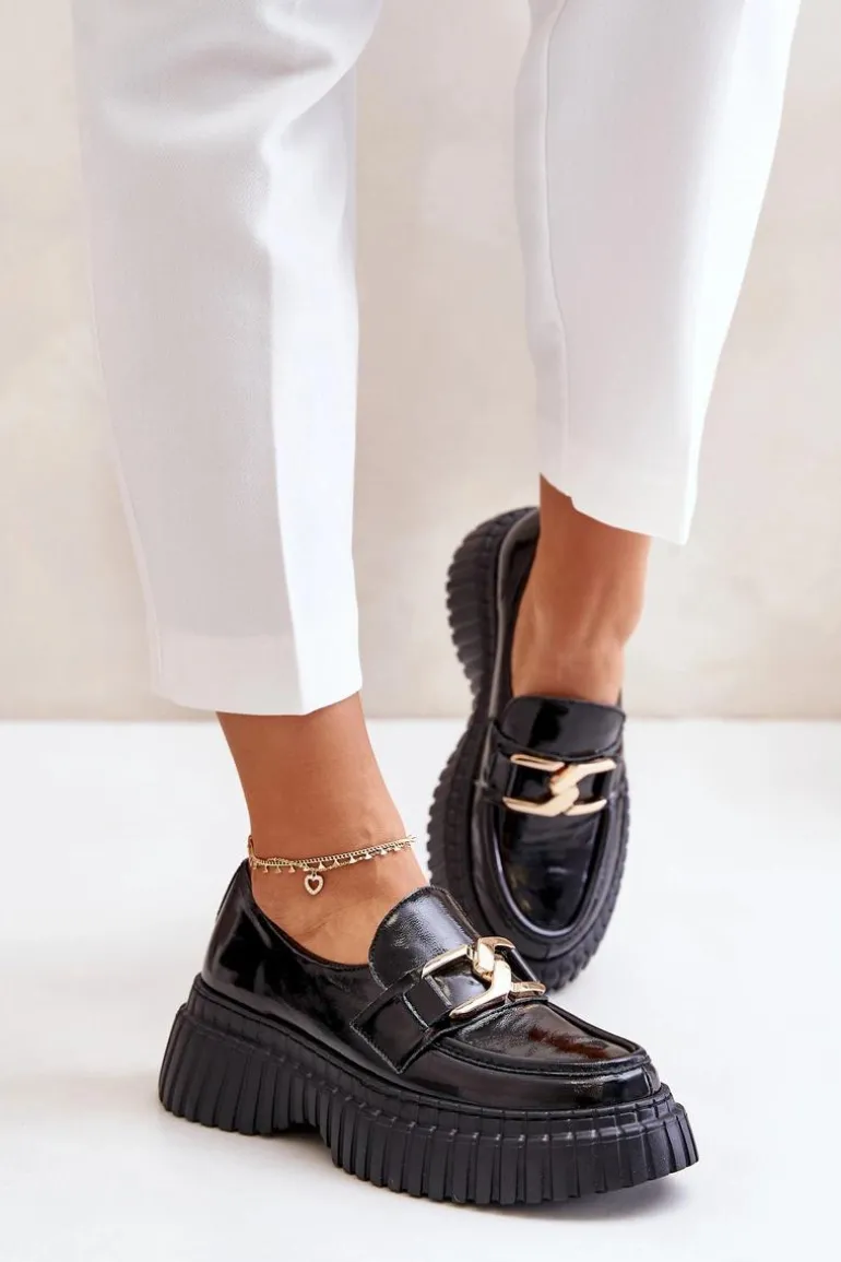 Zazoo 20176 Lakierowane Półbuty Mokasyny Damskie Ze Skóry Naturalnej Czarne