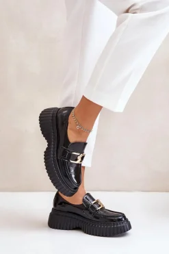 Zazoo 20176 Lakierowane Półbuty Mokasyny Damskie Ze Skóry Naturalnej Czarne