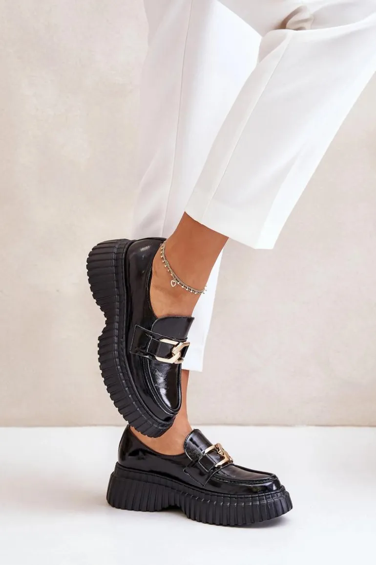 Zazoo 20176 Lakierowane Półbuty Mokasyny Damskie Ze Skóry Naturalnej Czarne