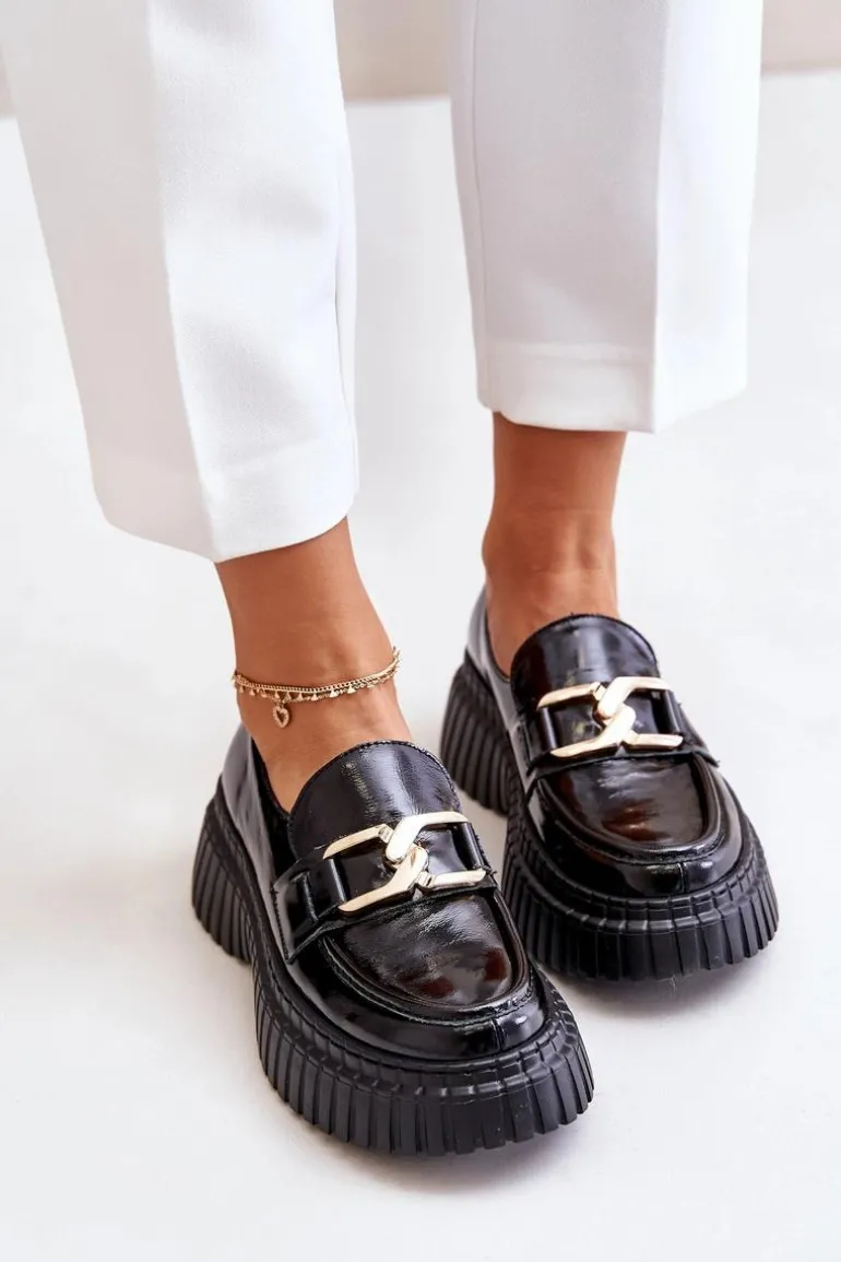 Zazoo 20176 Lakierowane Półbuty Mokasyny Damskie Ze Skóry Naturalnej Czarne