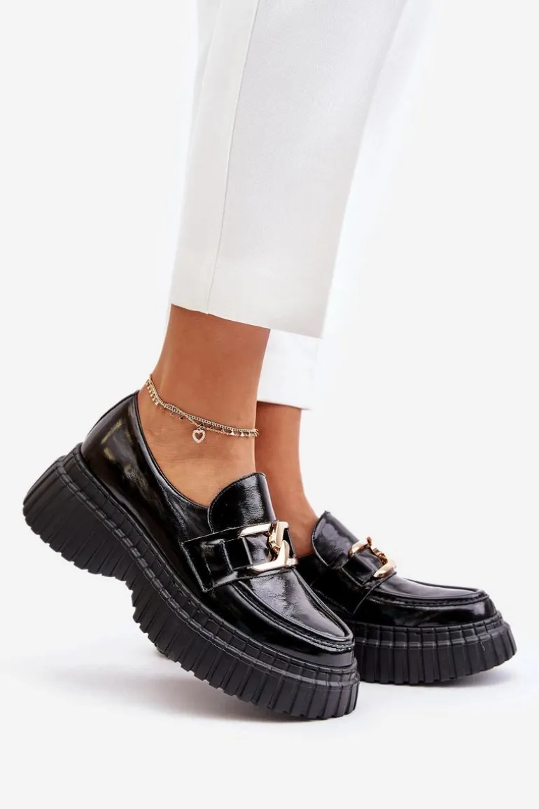 Zazoo 20176 Lakierowane Półbuty Mokasyny Damskie Ze Skóry Naturalnej Czarne