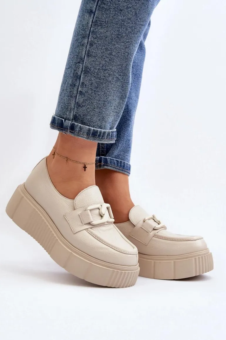 Zazoo 20101 Modne Skórzane Półbuty Na Platformie Jasnobeżowe