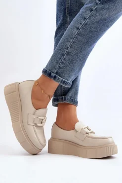 Zazoo 20101 Modne Skórzane Półbuty Na Platformie Jasnobeżowe