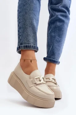 Zazoo 20101 Modne Skórzane Półbuty Na Platformie Jasnobeżowe