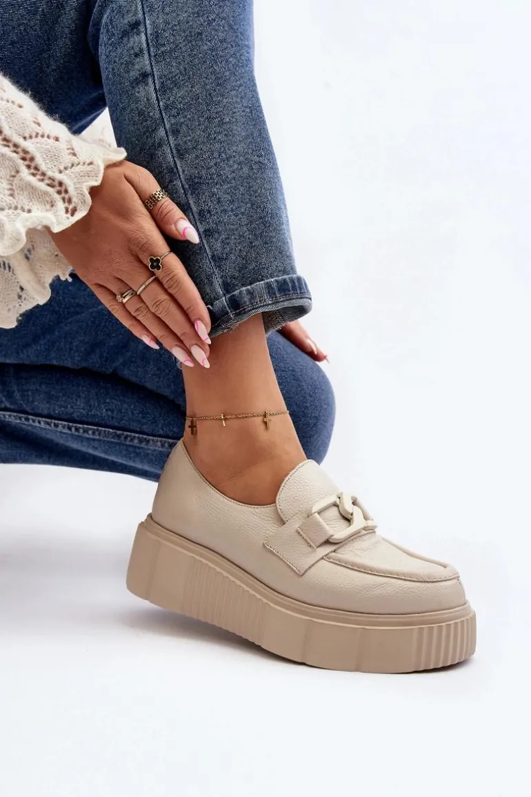 Zazoo 20101 Modne Skórzane Półbuty Na Platformie Jasnobeżowe