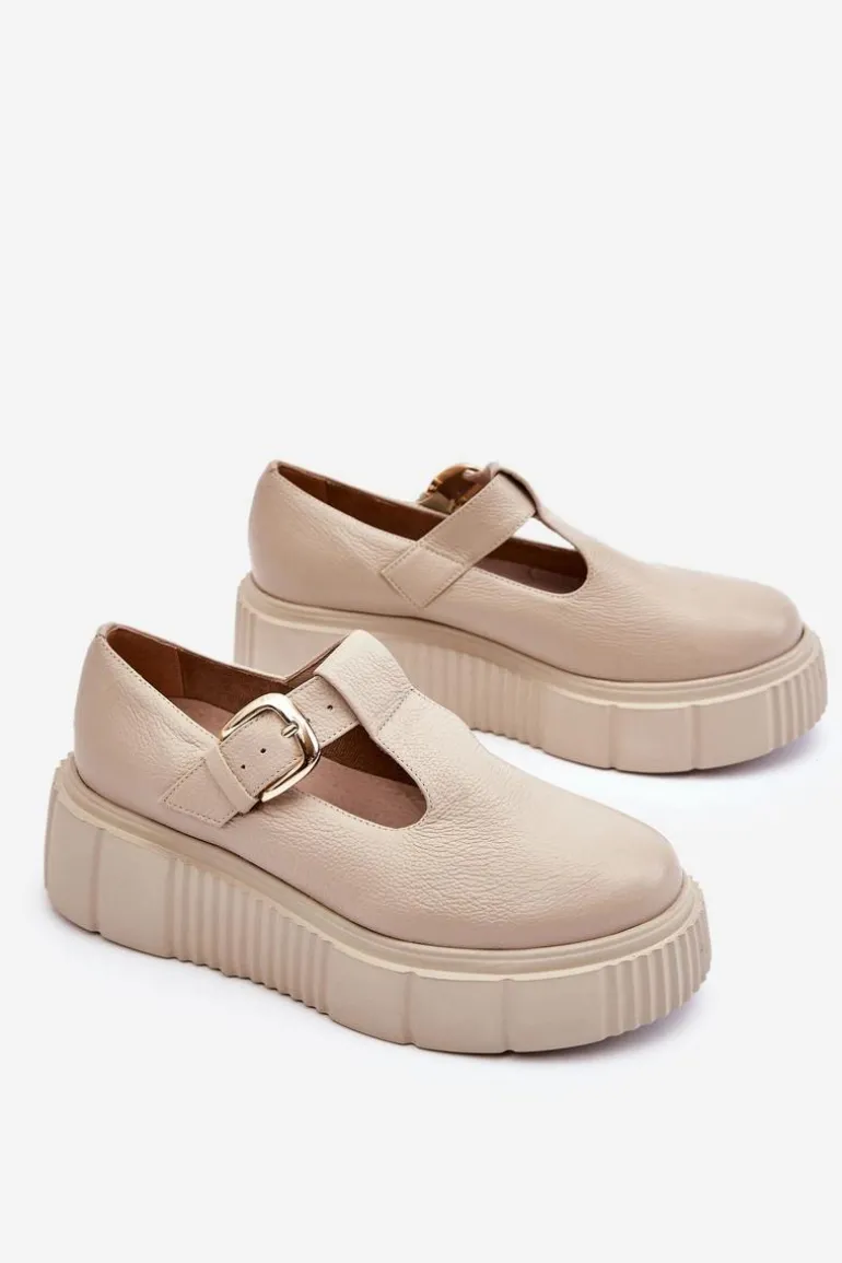 Zazoo 20102 Modne Skórzane Półbuty Na Masywnej Platformie Beżowe