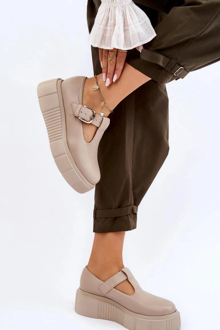 Zazoo 20102 Modne Skórzane Półbuty Na Masywnej Platformie Beżowe