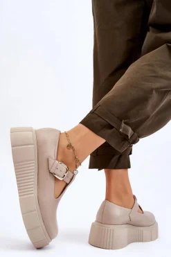 Zazoo 20102 Modne Skórzane Półbuty Na Masywnej Platformie Beżowe