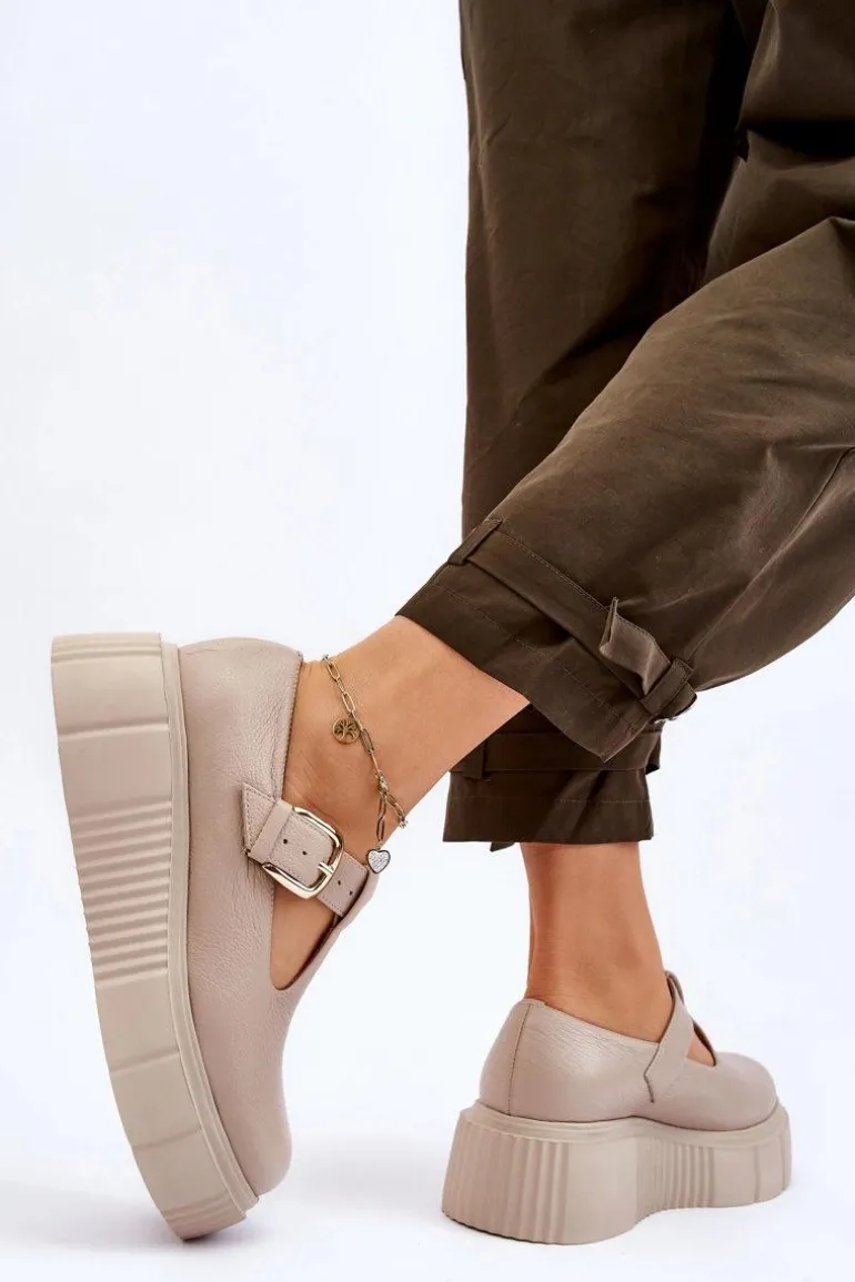 Zazoo 20102 Modne Skórzane Półbuty Na Masywnej Platformie Beżowe