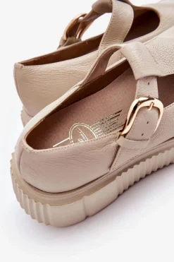 Zazoo 20102 Modne Skórzane Półbuty Na Masywnej Platformie Beżowe
