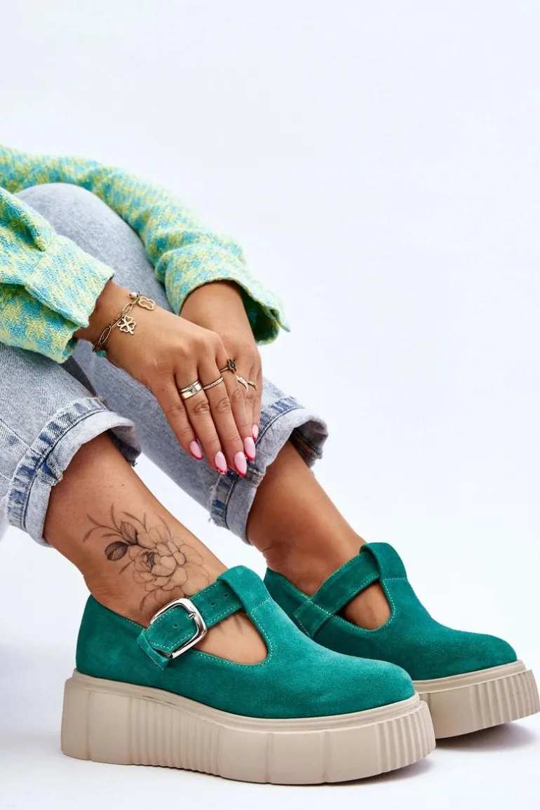 Zazoo 20102 Modne Zamszowe Półbuty Na Masywnej Platformie Zielone