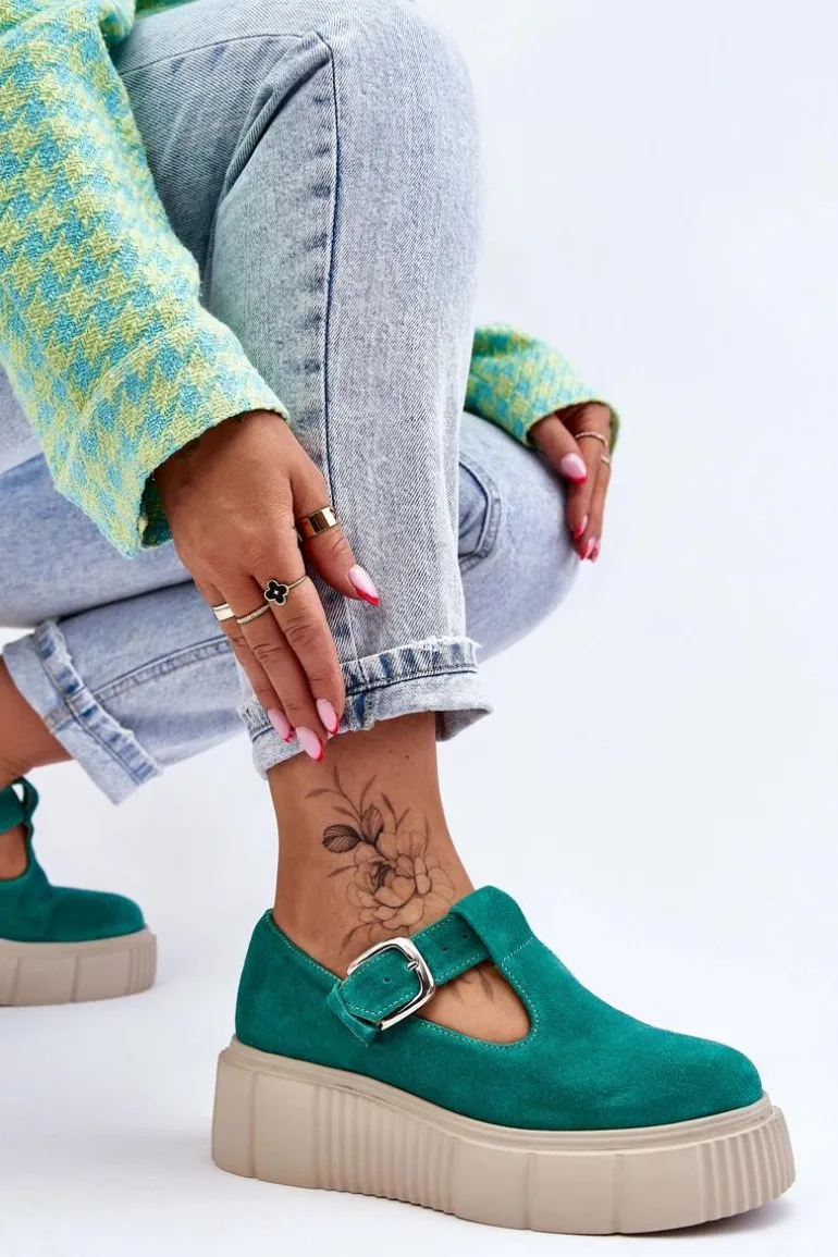 Zazoo 20102 Modne Zamszowe Półbuty Na Masywnej Platformie Zielone