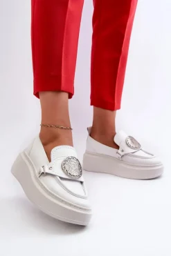 Zazoo 3486 Mokasyny Damskie Skórzane Z Ozdobą Białe