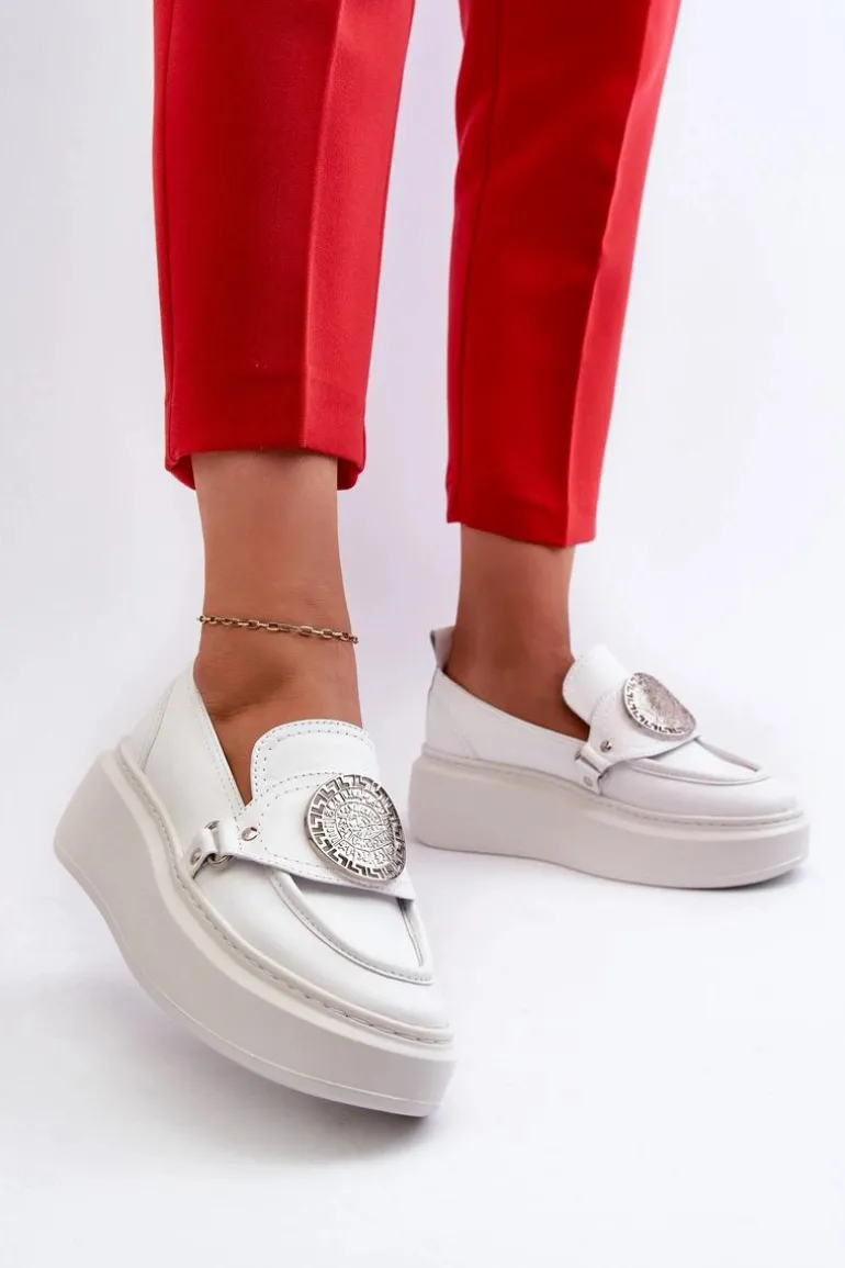 Zazoo 3486 Mokasyny Damskie Skórzane Z Ozdobą Białe