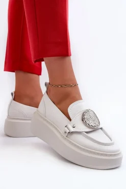 Zazoo 3486 Mokasyny Damskie Skórzane Z Ozdobą Białe