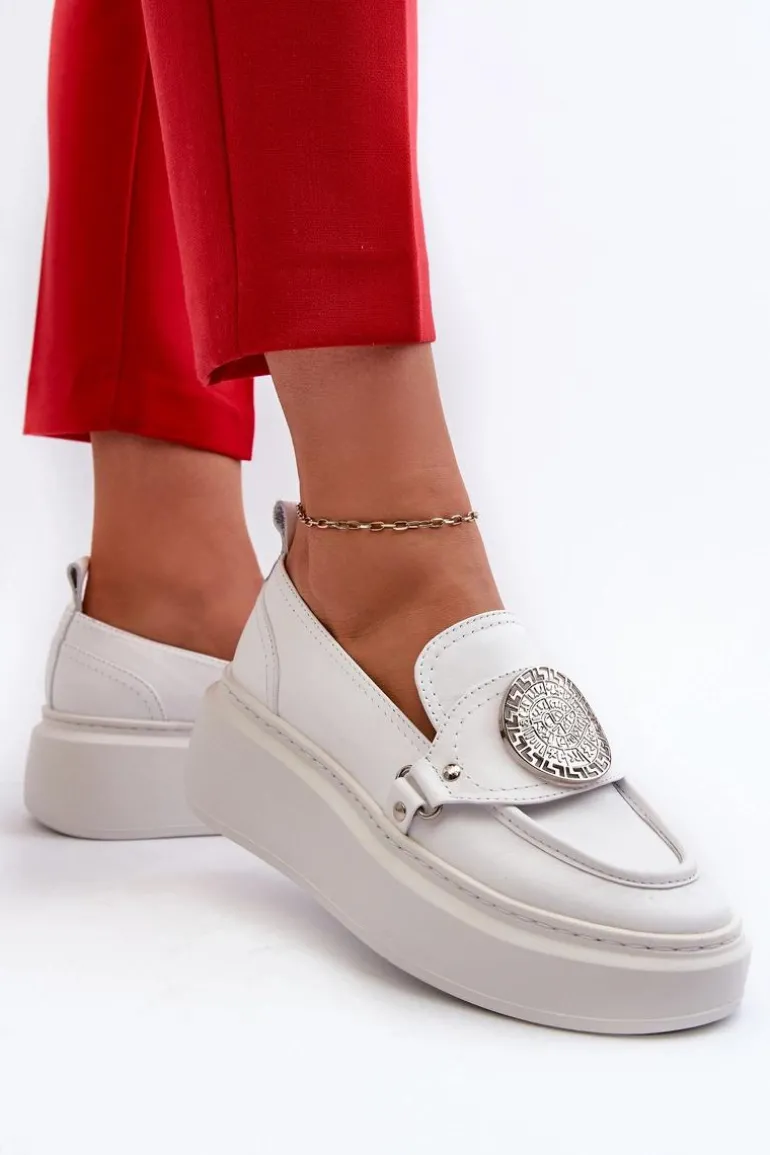 Zazoo 3486 Mokasyny Damskie Skórzane Z Ozdobą Białe