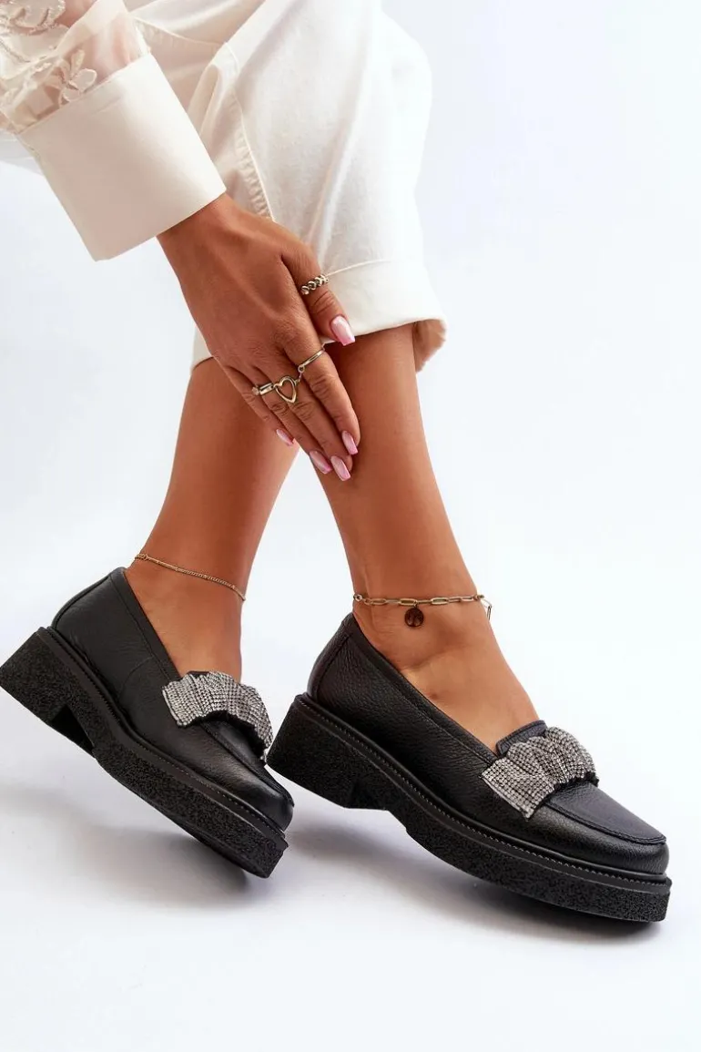 Zazoo 3419 Mokasyny Damskie Skórzane Z Ozdobnym Paseczkiem Czarne