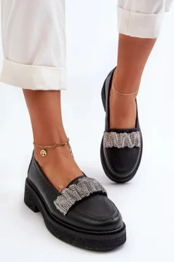 Zazoo 3419 Mokasyny Damskie Skórzane Z Ozdobnym Paseczkiem Czarne