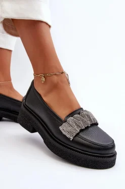 Zazoo 3419 Mokasyny Damskie Skórzane Z Ozdobnym Paseczkiem Czarne