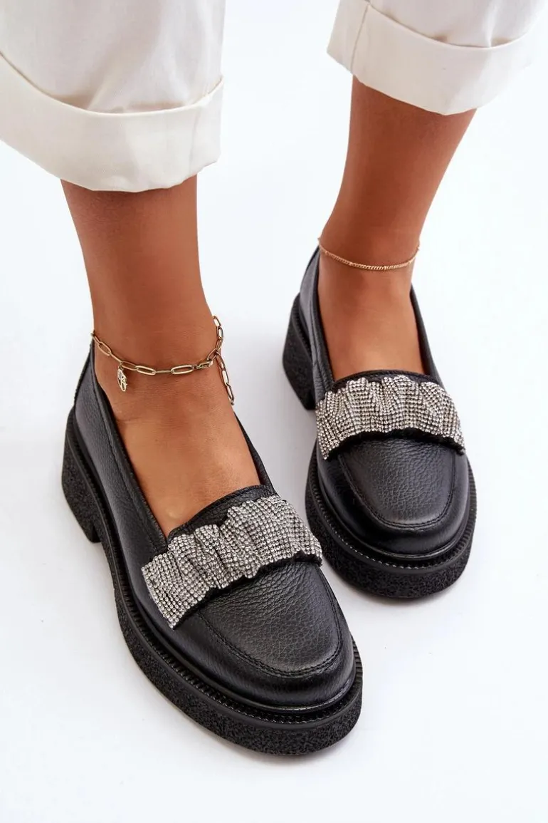 Zazoo 3419 Mokasyny Damskie Skórzane Z Ozdobnym Paseczkiem Czarne