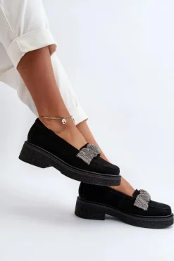 Zazoo 3419 Mokasyny Damskie Zamszowe Z Ozdobnym Paseczkiem Czarne