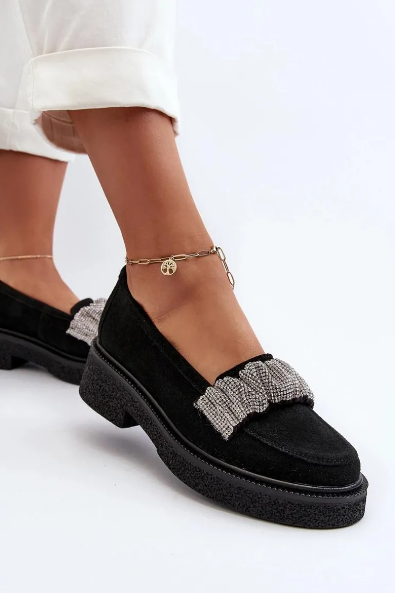 Zazoo 3419 Mokasyny Damskie Zamszowe Z Ozdobnym Paseczkiem Czarne