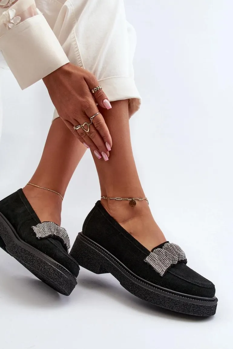 Zazoo 3419 Mokasyny Damskie Zamszowe Z Ozdobnym Paseczkiem Czarne